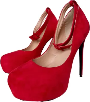 Frankie Hsu Classic Stiletto Platform High Heeled Pumps, Red Suede Fashion Style, Big Large US4-19 Size Dressy Spike Ankle Strap Buckle Shoes for Women Men