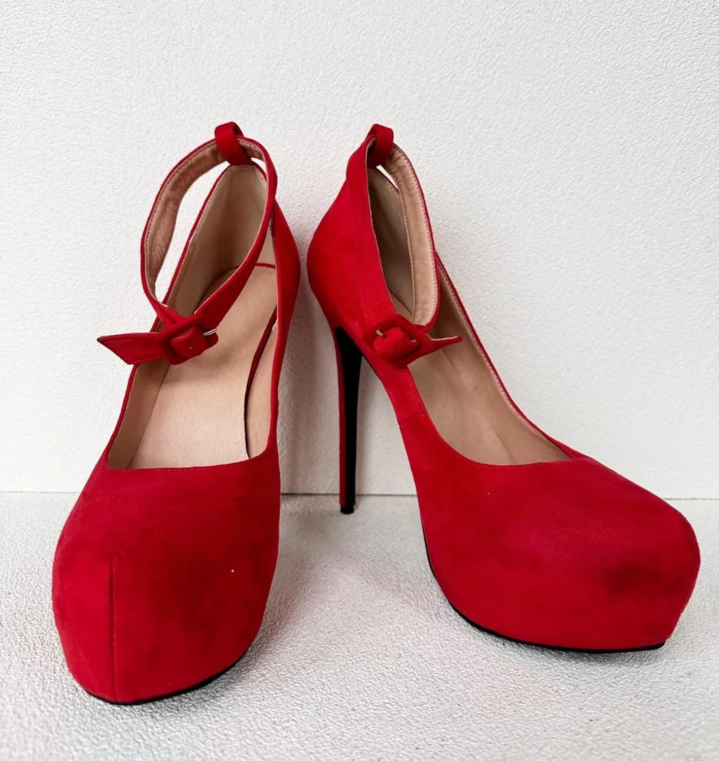 Frankie Hsu Classic Stiletto Platform High Heeled Pumps, Red Suede Fashion Style, Big Large US4-19 Size Dressy Spike Ankle Strap Buckle Shoes for Women Men