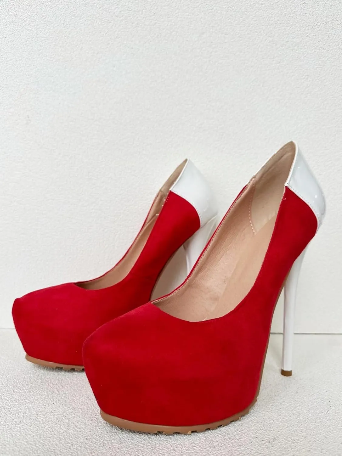 Frankie Hsu Ladies Sexy Hot Platform Stiletto High Heeled Pumps, Classic Red Suede White Patent Style, Big Large Size US4-19 Dressy Shoes for Women Men