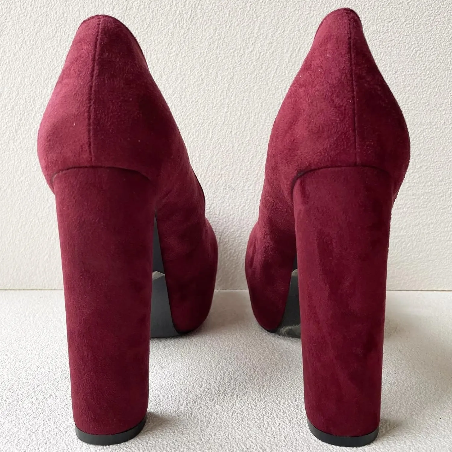 Frankie Hsu Sexy Chunky Platform High Heeled Pumps, Classic Deep Red Faux Suede Leather Fashion Style, Big Large Size Designer Block Shoes for Women Men
