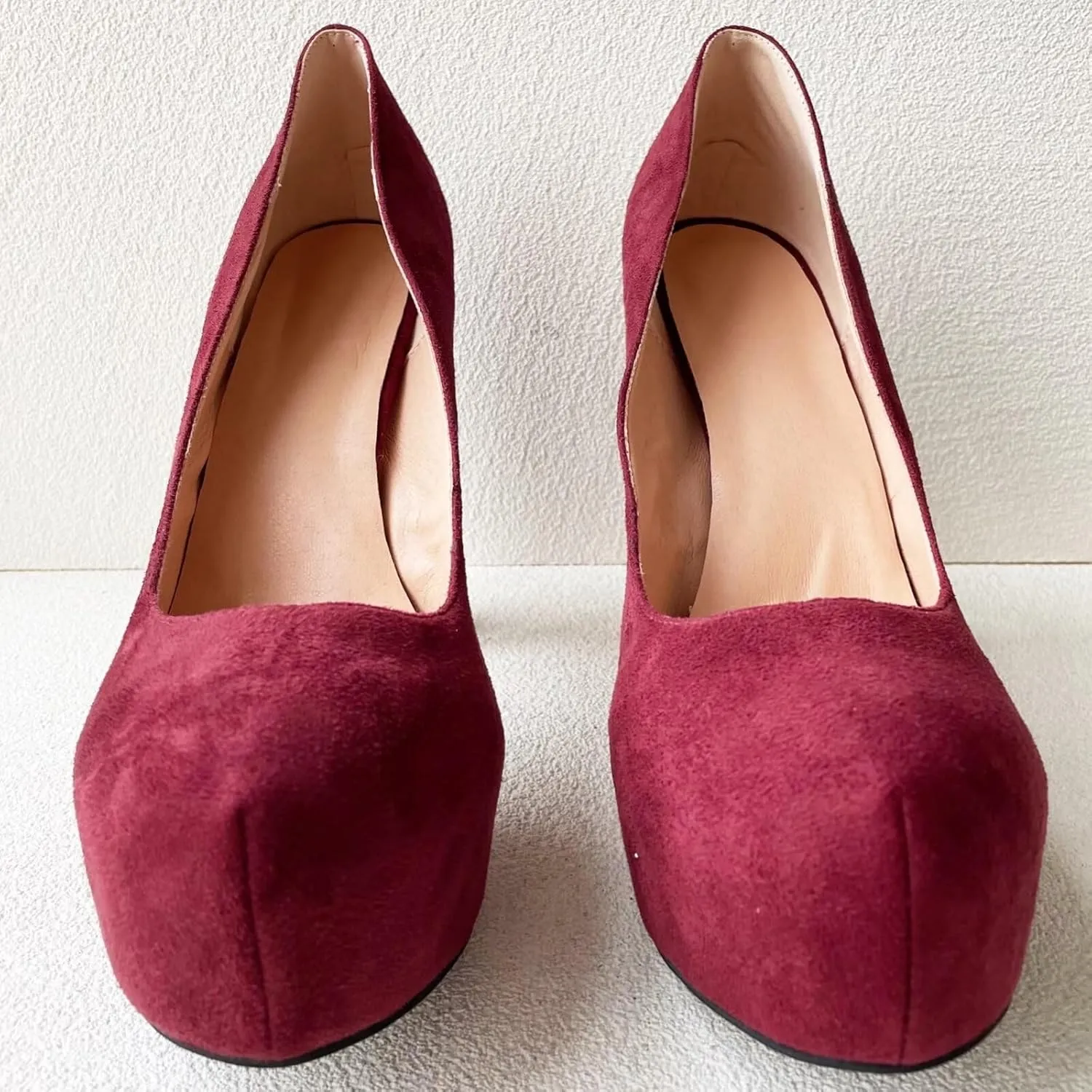 Frankie Hsu Sexy Chunky Platform High Heeled Pumps, Classic Deep Red Faux Suede Leather Fashion Style, Big Large Size Designer Block Shoes for Women Men
