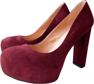 Frankie Hsu Sexy Chunky Platform High Heeled Pumps, Classic Deep Red Faux Suede Leather Fashion Style, Big Large Size Designer Block Shoes for Women Men