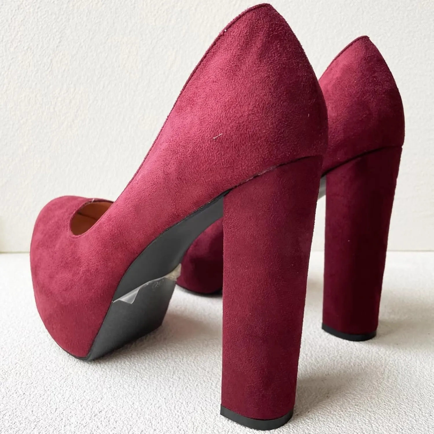 Frankie Hsu Sexy Chunky Platform High Heeled Pumps, Classic Deep Red Faux Suede Leather Fashion Style, Big Large Size Designer Block Shoes for Women Men