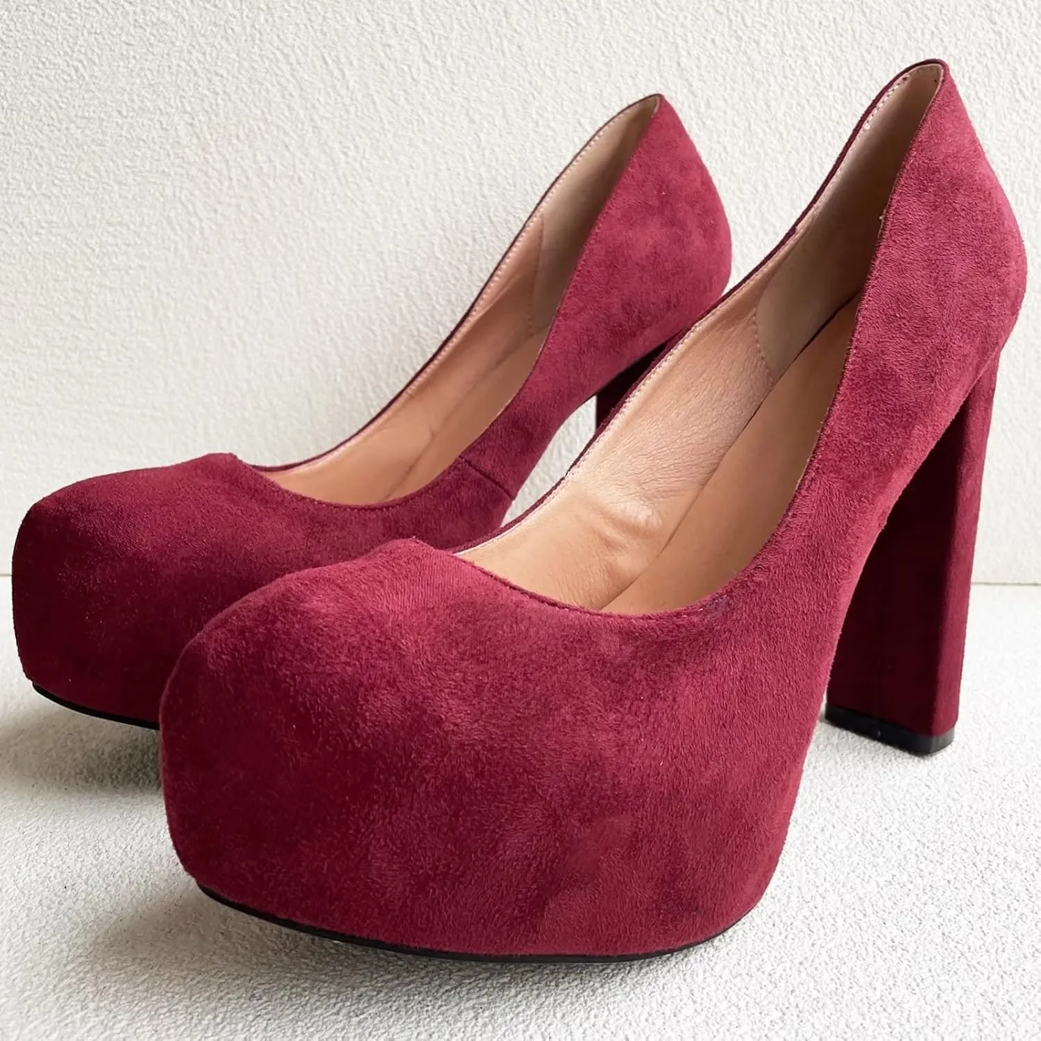Frankie Hsu Sexy Chunky Platform High Heeled Pumps, Classic Deep Red Faux Suede Leather Fashion Style, Big Large Size Designer Block Shoes for Women Men
