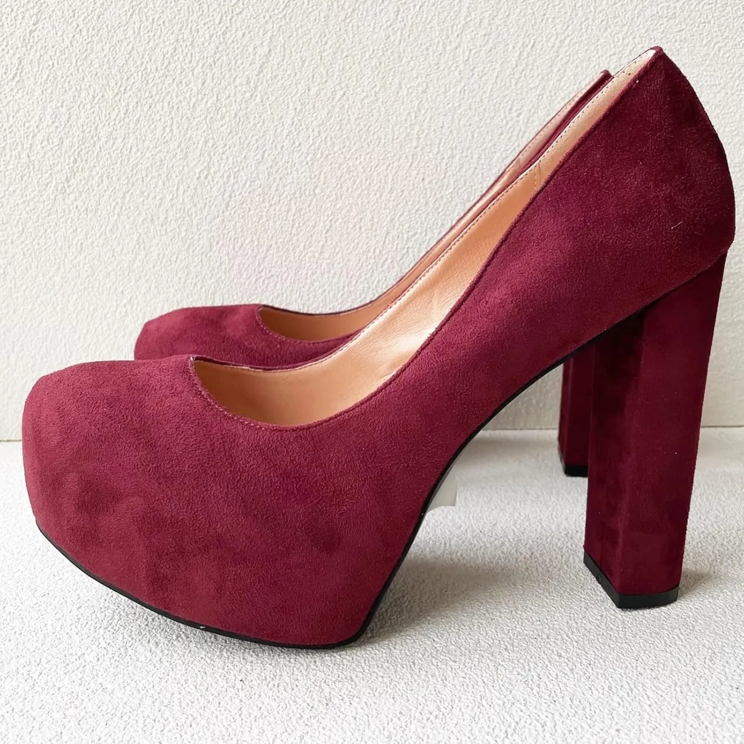 Frankie Hsu Sexy Chunky Platform High Heeled Pumps, Classic Deep Red Faux Suede Leather Fashion Style, Big Large Size Designer Block Shoes for Women Men