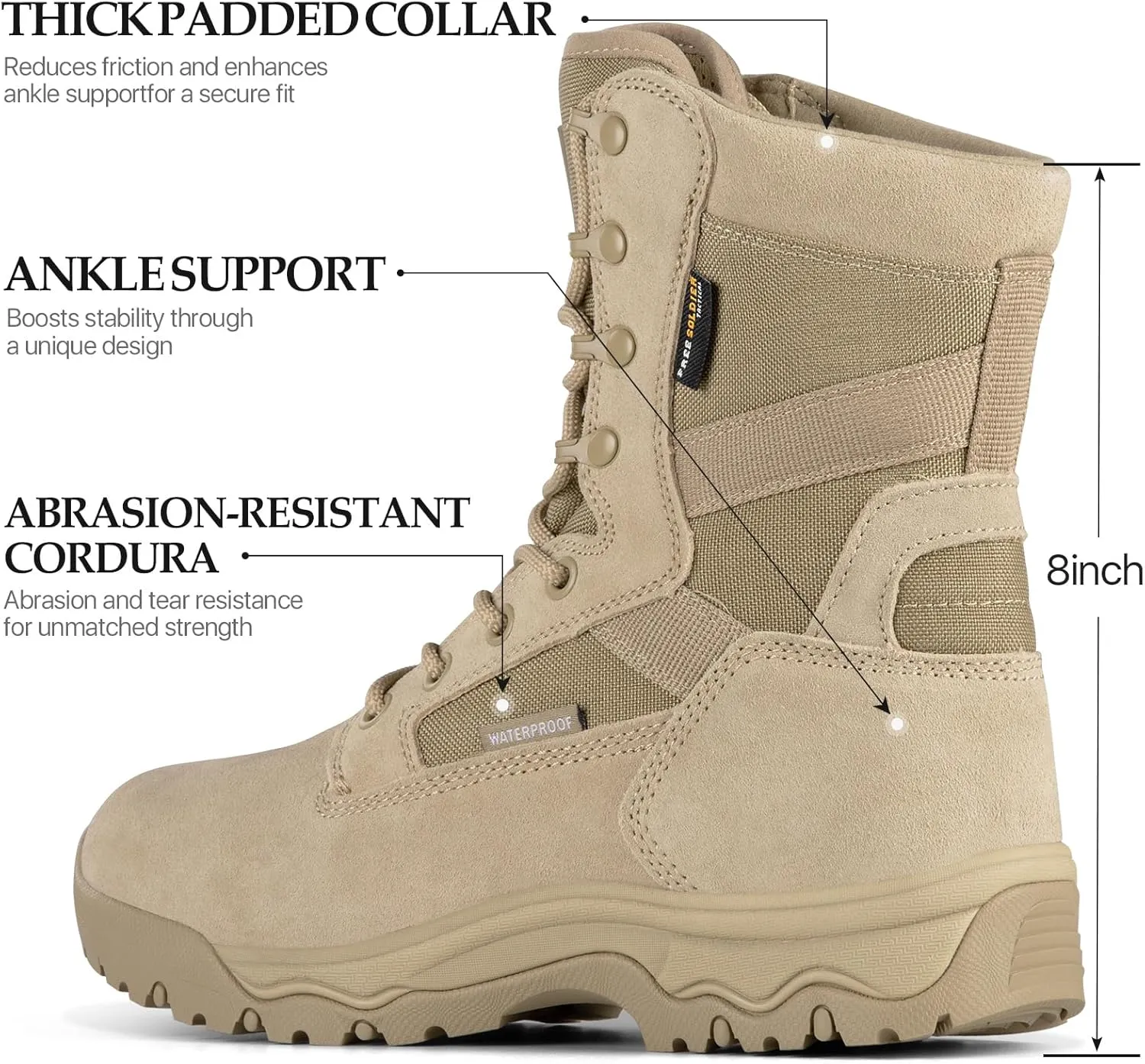 FREE SOLDIER Men's Tactical Boots 8 Inches Lightweight Combat Boots Durable Suede Leather Military Work Boot Desert Boot
