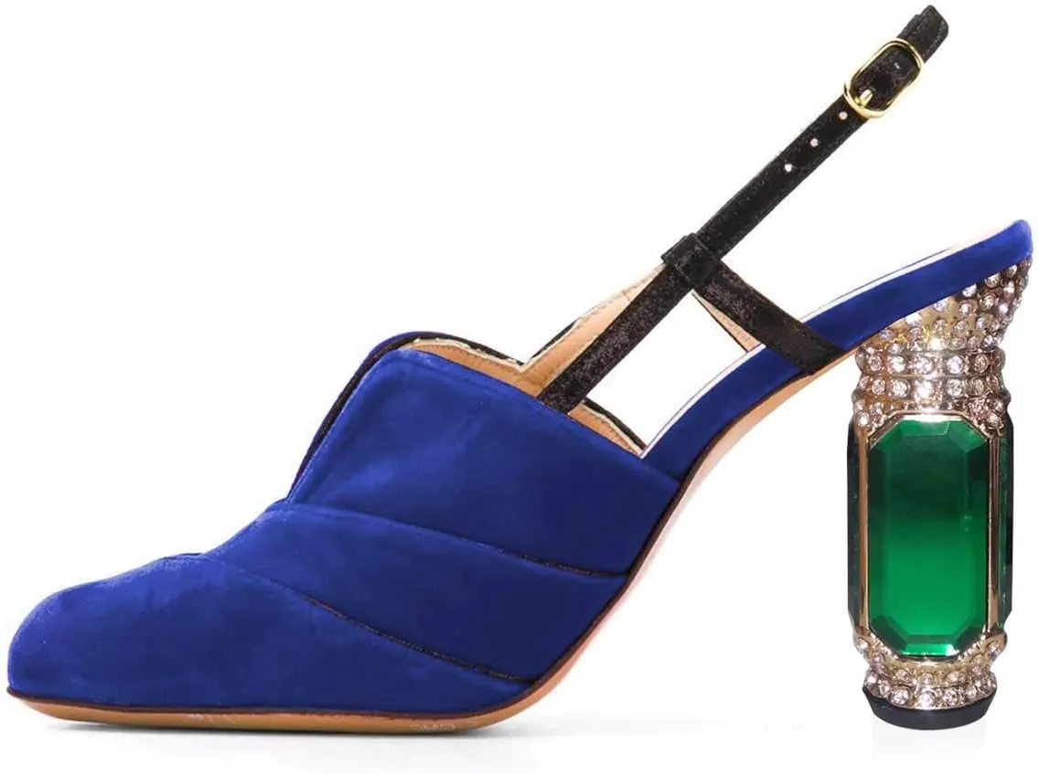 FSJ Women Chic Crystal High Heels Slingback Pumps Round Toe Sandals V Cut Party Evening Shoes