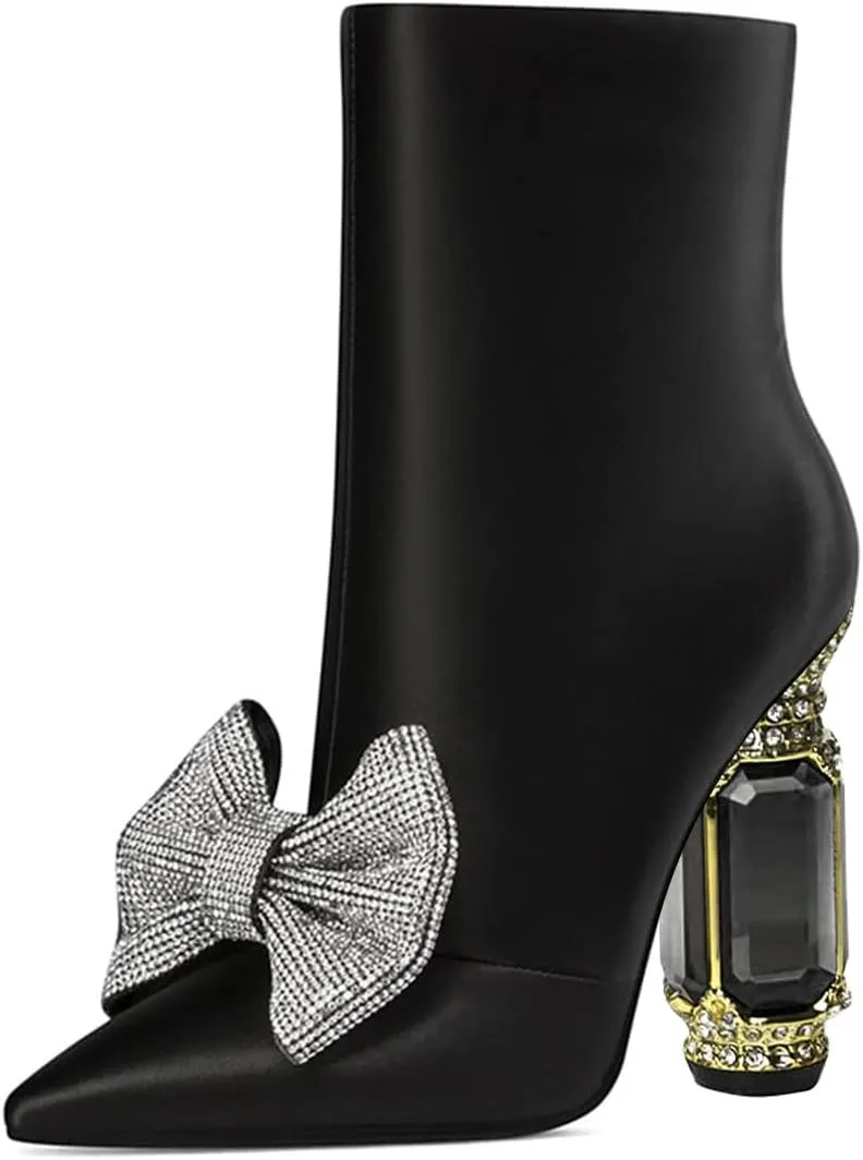 FSJ Women Chic Pointed Toe Crystal Chunky Block High Heel Ankle Boots Glossy Side Zipper Casual Daily Fashion Ladies Shoes Size 4-15 US