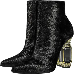 FSJ Women Chic Pointed Toe Crystal Chunky Block High Heel Ankle Boots Glossy Side Zipper Casual Daily Fashion Ladies Shoes Size 4-15 US