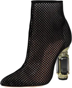 FSJ Women Chic Pointed Toe Crystal Chunky Block High Heel Ankle Boots Glossy Side Zipper Casual Daily Fashion Ladies Shoes Size 4-15 US