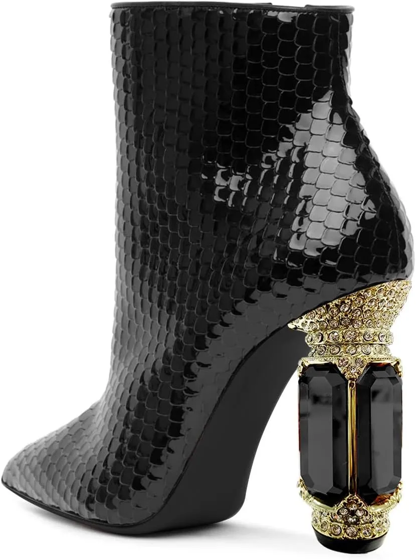 FSJ Women Chic Pointed Toe Crystal Chunky Block High Heel Ankle Boots Glossy Side Zipper Casual Daily Fashion Ladies Shoes Size 4-15 US
