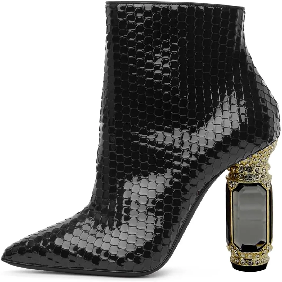 FSJ Women Chic Pointed Toe Crystal Chunky Block High Heel Ankle Boots Glossy Side Zipper Casual Daily Fashion Ladies Shoes Size 4-15 US