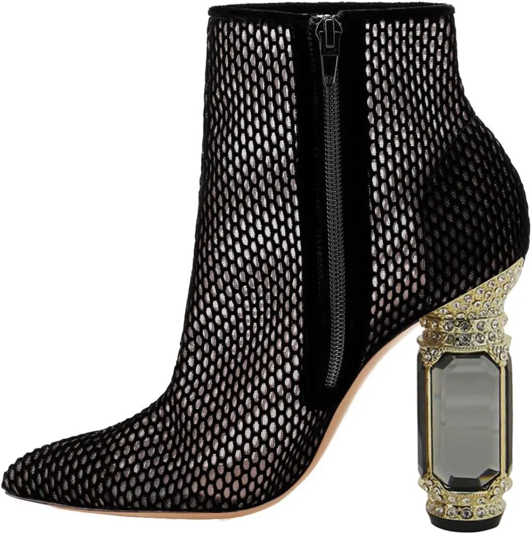 FSJ Women Chic Pointed Toe Crystal Chunky Block High Heel Ankle Boots Glossy Side Zipper Casual Daily Fashion Ladies Shoes Size 4-15 US