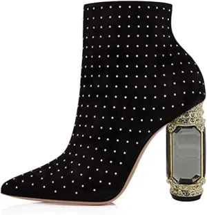 FSJ Women Chic Pointed Toe Crystal Chunky Block High Heel Ankle Boots Glossy Side Zipper Casual Daily Fashion Ladies Shoes Size 4-15 US
