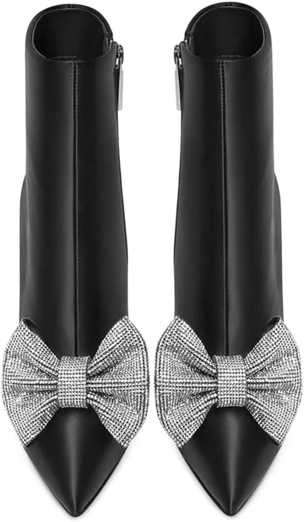 FSJ Women Chic Pointed Toe Crystal Chunky Block High Heel Ankle Boots Glossy Side Zipper Casual Daily Fashion Ladies Shoes Size 4-15 US