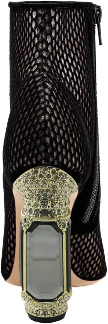 FSJ Women Chic Pointed Toe Crystal Chunky Block High Heel Ankle Boots Glossy Side Zipper Casual Daily Fashion Ladies Shoes Size 4-15 US