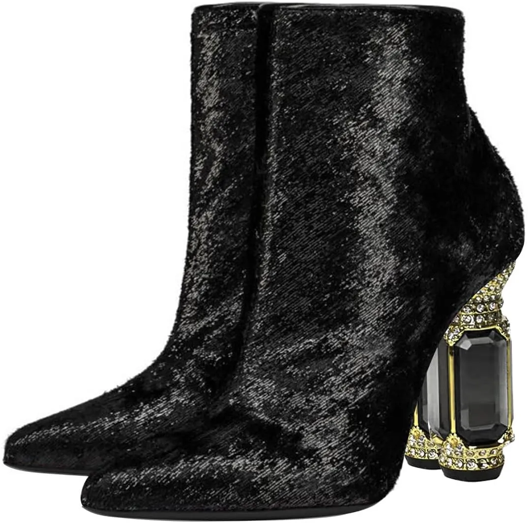FSJ Women Chic Pointed Toe Crystal Chunky Block High Heel Ankle Boots Glossy Side Zipper Casual Daily Fashion Ladies Shoes Size 4-15 US