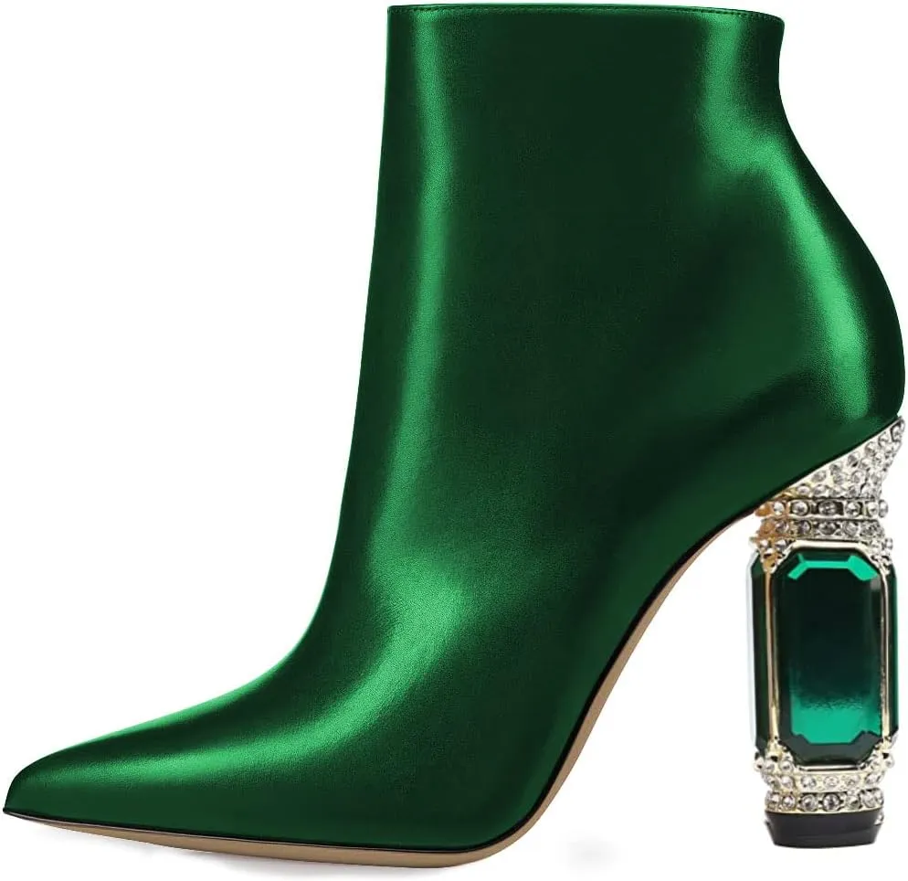 FSJ Women Chic Pointed Toe Crystal Chunky Block High Heel Ankle Boots Glossy Side Zipper Casual Daily Fashion Ladies Shoes Size 4-15 US
