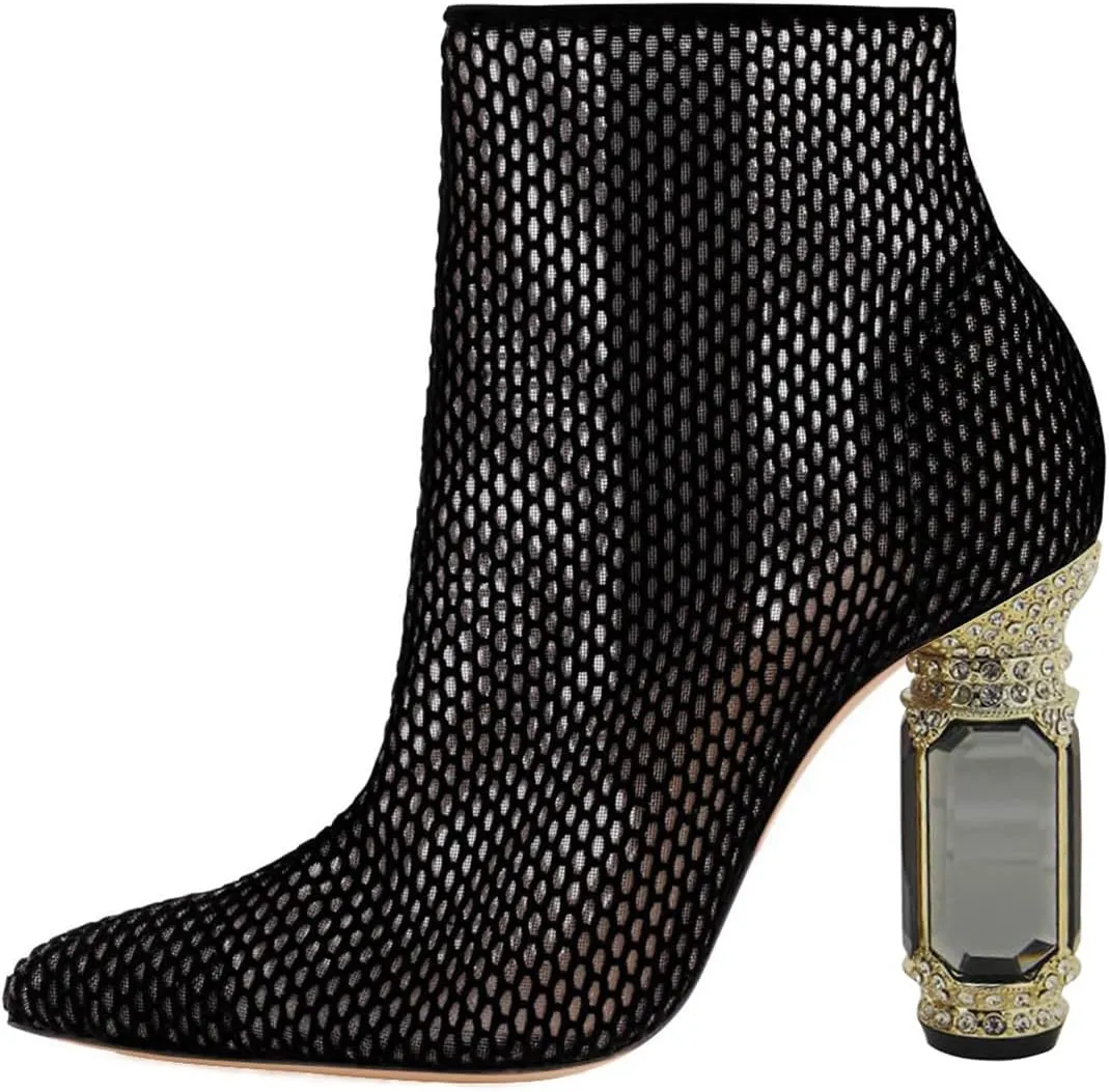 FSJ Women Chic Pointed Toe Crystal Chunky Block High Heel Ankle Boots Glossy Side Zipper Casual Daily Fashion Ladies Shoes Size 4-15 US