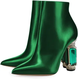 FSJ Women Chic Pointed Toe Crystal Chunky Block High Heel Ankle Boots Glossy Side Zipper Casual Daily Fashion Ladies Shoes Size 4-15 US
