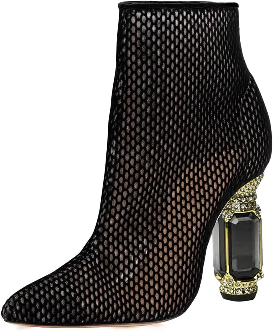 FSJ Women Chic Pointed Toe Crystal Chunky Block High Heel Ankle Boots Glossy Side Zipper Casual Daily Fashion Ladies Shoes Size 4-15 US