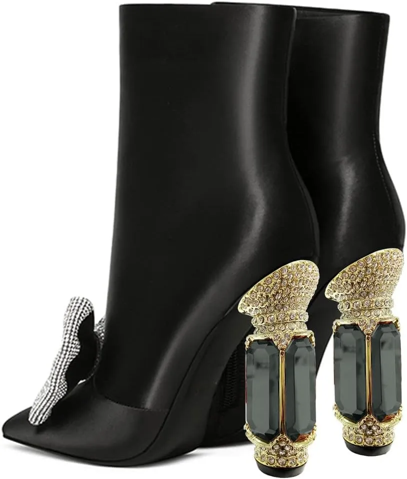 FSJ Women Chic Pointed Toe Crystal Chunky Block High Heel Ankle Boots Glossy Side Zipper Casual Daily Fashion Ladies Shoes Size 4-15 US