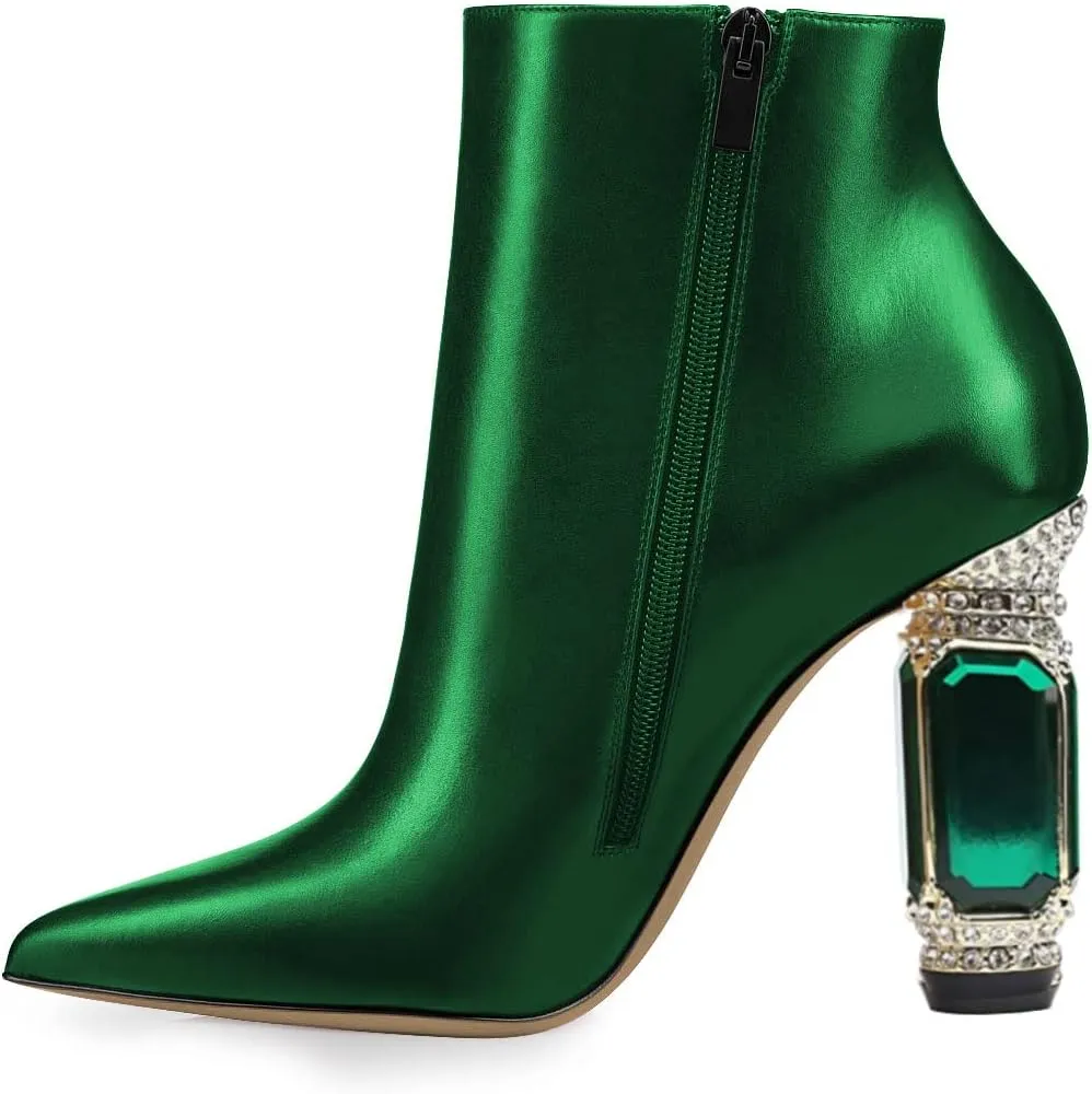 FSJ Women Chic Pointed Toe Crystal Chunky Block High Heel Ankle Boots Glossy Side Zipper Casual Daily Fashion Ladies Shoes Size 4-15 US