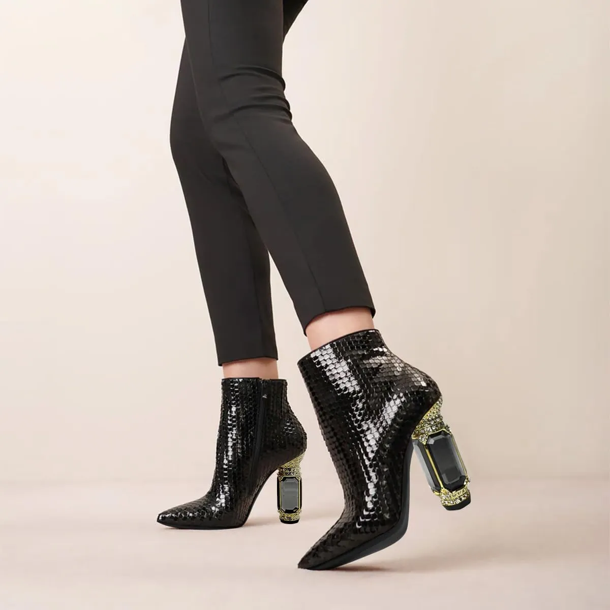 FSJ Women Chic Pointed Toe Crystal Chunky Block High Heel Ankle Boots Glossy Side Zipper Casual Daily Fashion Ladies Shoes Size 4-15 US
