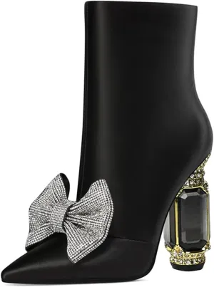 FSJ Women Chic Pointed Toe Crystal Chunky Block High Heel Ankle Boots Glossy Side Zipper Casual Daily Fashion Ladies Shoes Size 4-15 US