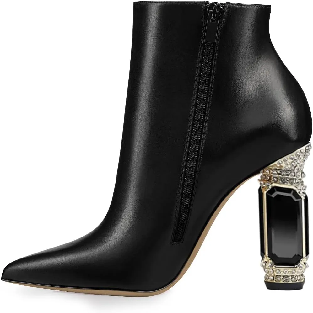 FSJ Women Chic Pointed Toe Crystal Chunky Block High Heel Ankle Boots Glossy Side Zipper Casual Daily Fashion Ladies Shoes Size 4-15 US