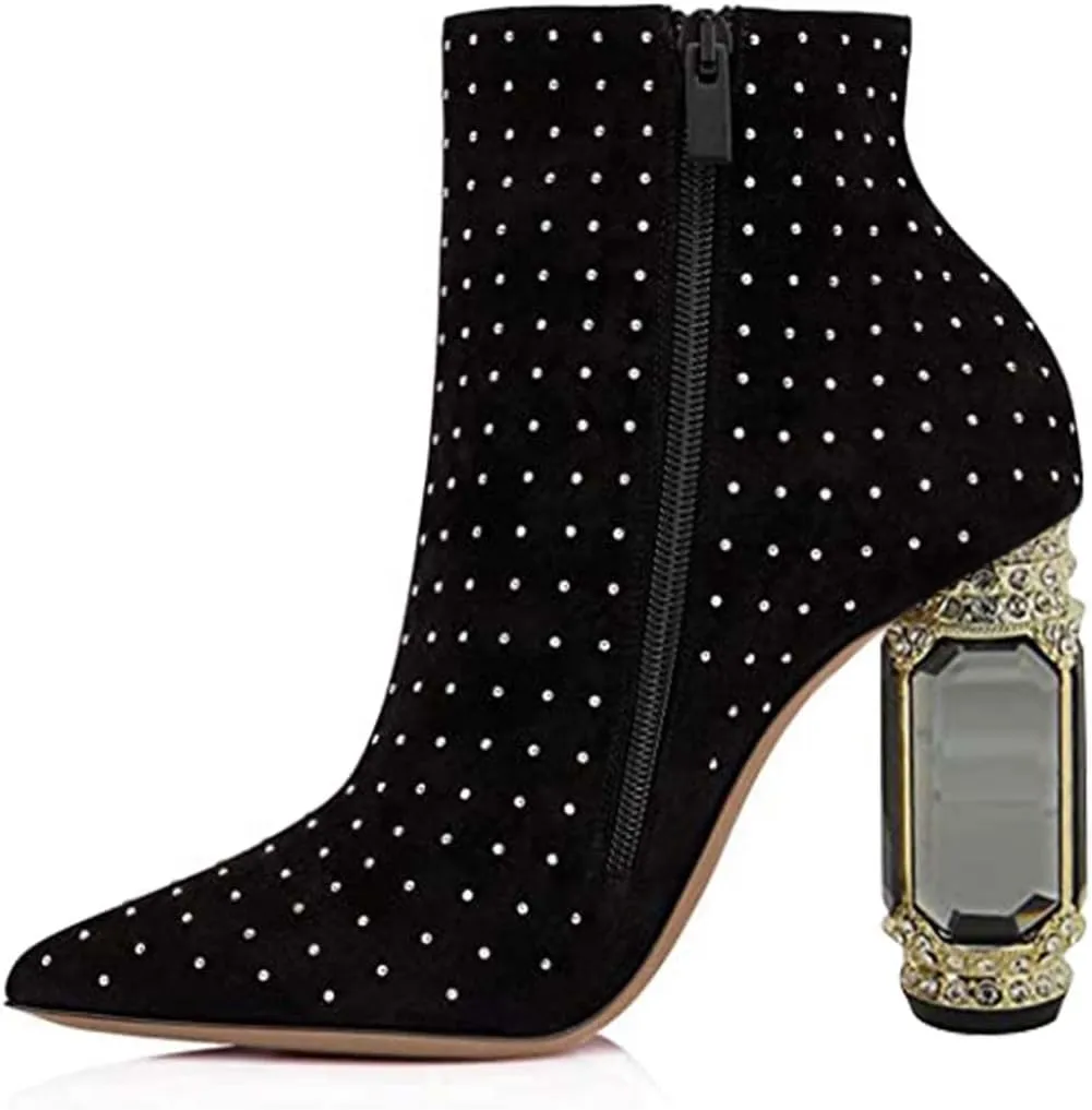 FSJ Women Chic Pointed Toe Crystal Chunky Block High Heel Ankle Boots Glossy Side Zipper Casual Daily Fashion Ladies Shoes Size 4-15 US