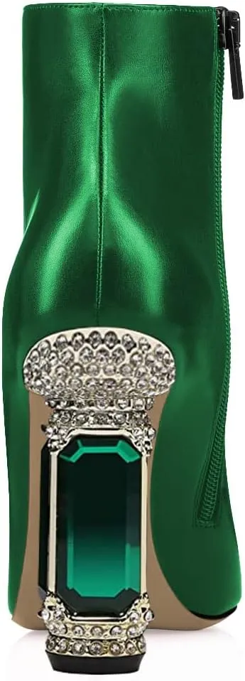 FSJ Women Chic Pointed Toe Crystal Chunky Block High Heel Ankle Boots Glossy Side Zipper Casual Daily Fashion Ladies Shoes Size 4-15 US