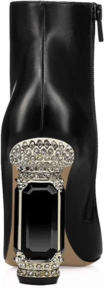 FSJ Women Chic Pointed Toe Crystal Chunky Block High Heel Ankle Boots Glossy Side Zipper Casual Daily Fashion Ladies Shoes Size 4-15 US