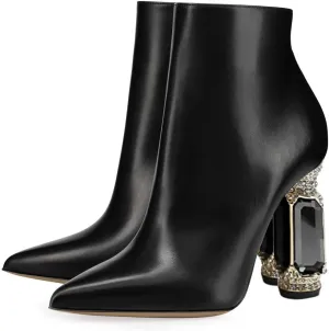 FSJ Women Chic Pointed Toe Crystal Chunky Block High Heel Ankle Boots Glossy Side Zipper Casual Daily Fashion Ladies Shoes Size 4-15 US