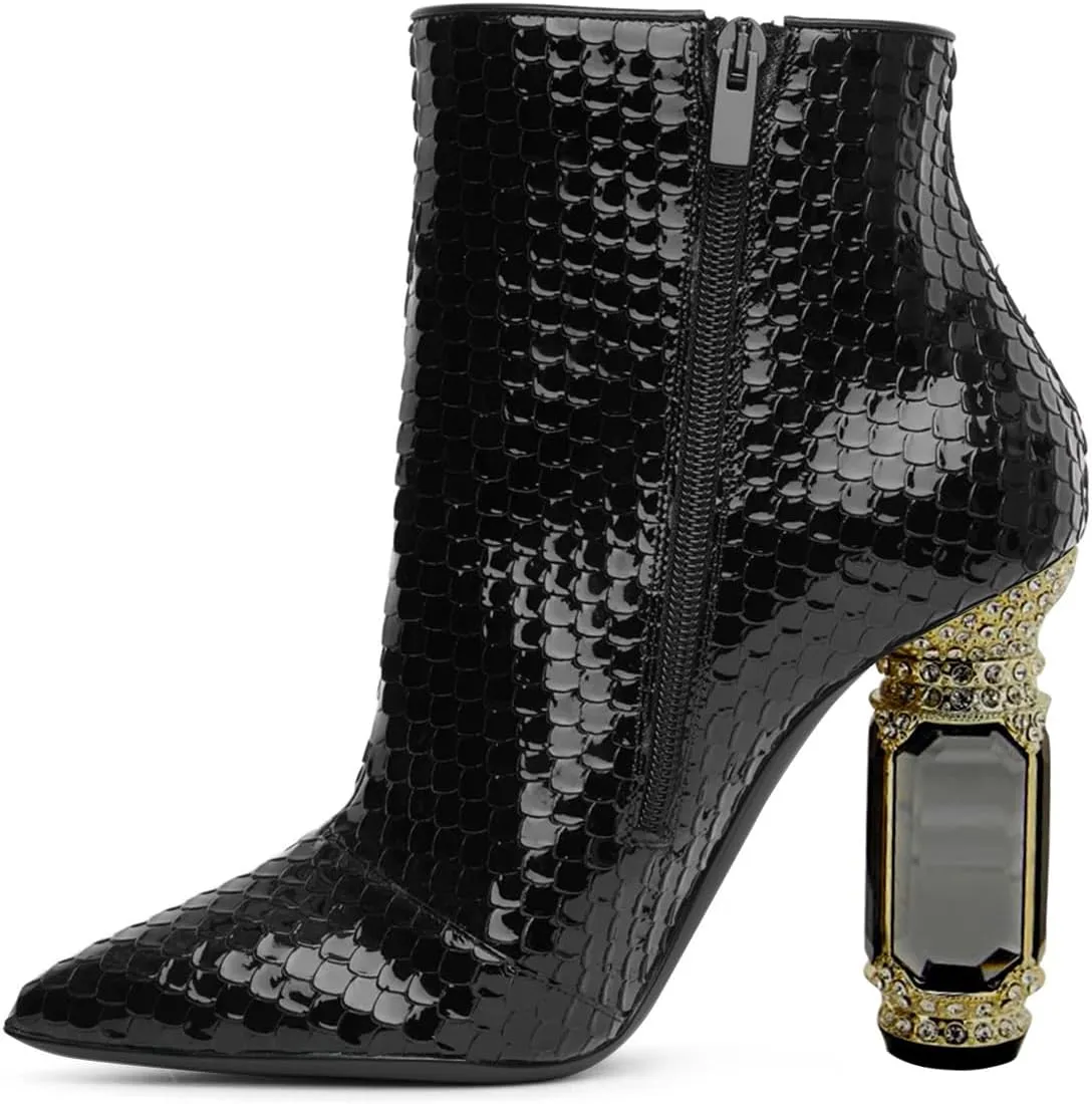 FSJ Women Chic Pointed Toe Crystal Chunky Block High Heel Ankle Boots Glossy Side Zipper Casual Daily Fashion Ladies Shoes Size 4-15 US