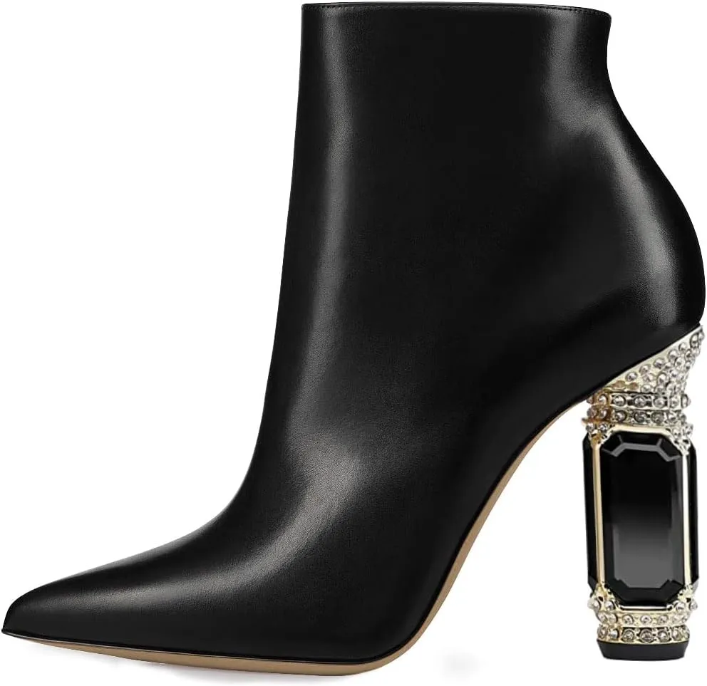 FSJ Women Chic Pointed Toe Crystal Chunky Block High Heel Ankle Boots Glossy Side Zipper Casual Daily Fashion Ladies Shoes Size 4-15 US