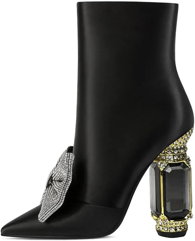 FSJ Women Chic Pointed Toe Crystal Chunky Block High Heel Ankle Boots Glossy Side Zipper Casual Daily Fashion Ladies Shoes Size 4-15 US