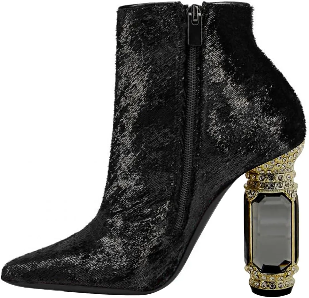 FSJ Women Chic Pointed Toe Crystal Chunky Block High Heel Ankle Boots Glossy Side Zipper Casual Daily Fashion Ladies Shoes Size 4-15 US