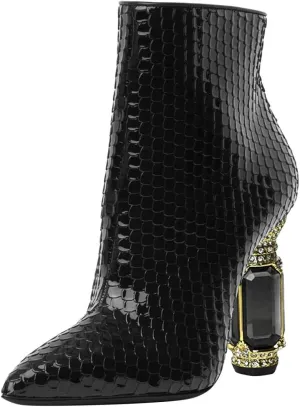 FSJ Women Chic Pointed Toe Crystal Chunky Block High Heel Ankle Boots Glossy Side Zipper Casual Daily Fashion Ladies Shoes Size 4-15 US