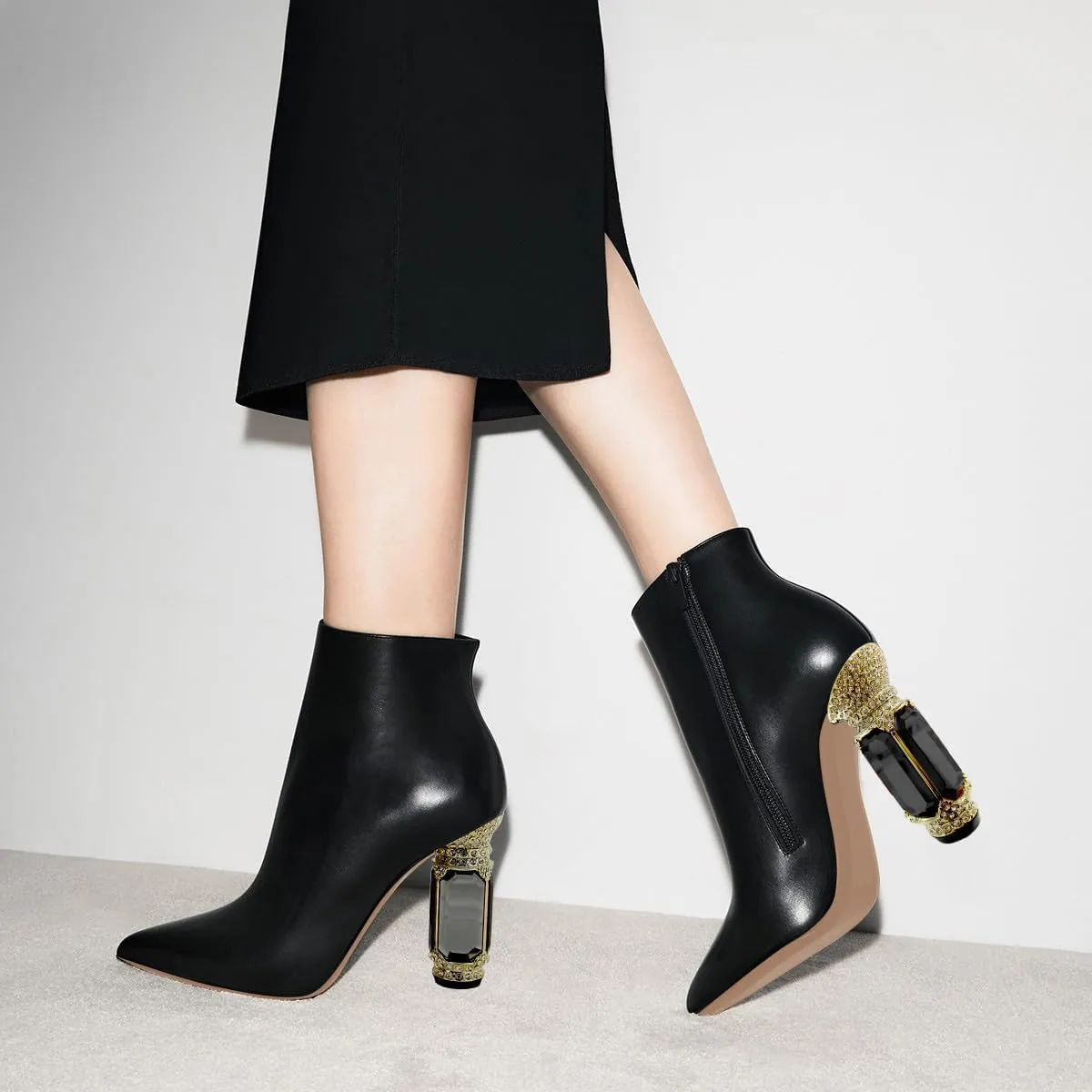 FSJ Women Chic Pointed Toe Crystal Chunky Block High Heel Ankle Boots Glossy Side Zipper Casual Daily Fashion Ladies Shoes Size 4-15 US