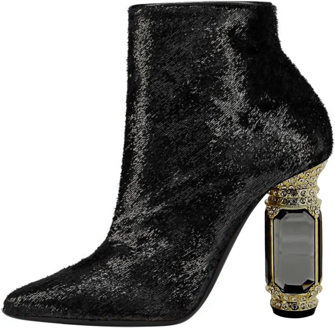 FSJ Women Chic Pointed Toe Crystal Chunky Block High Heel Ankle Boots Glossy Side Zipper Casual Daily Fashion Ladies Shoes Size 4-15 US