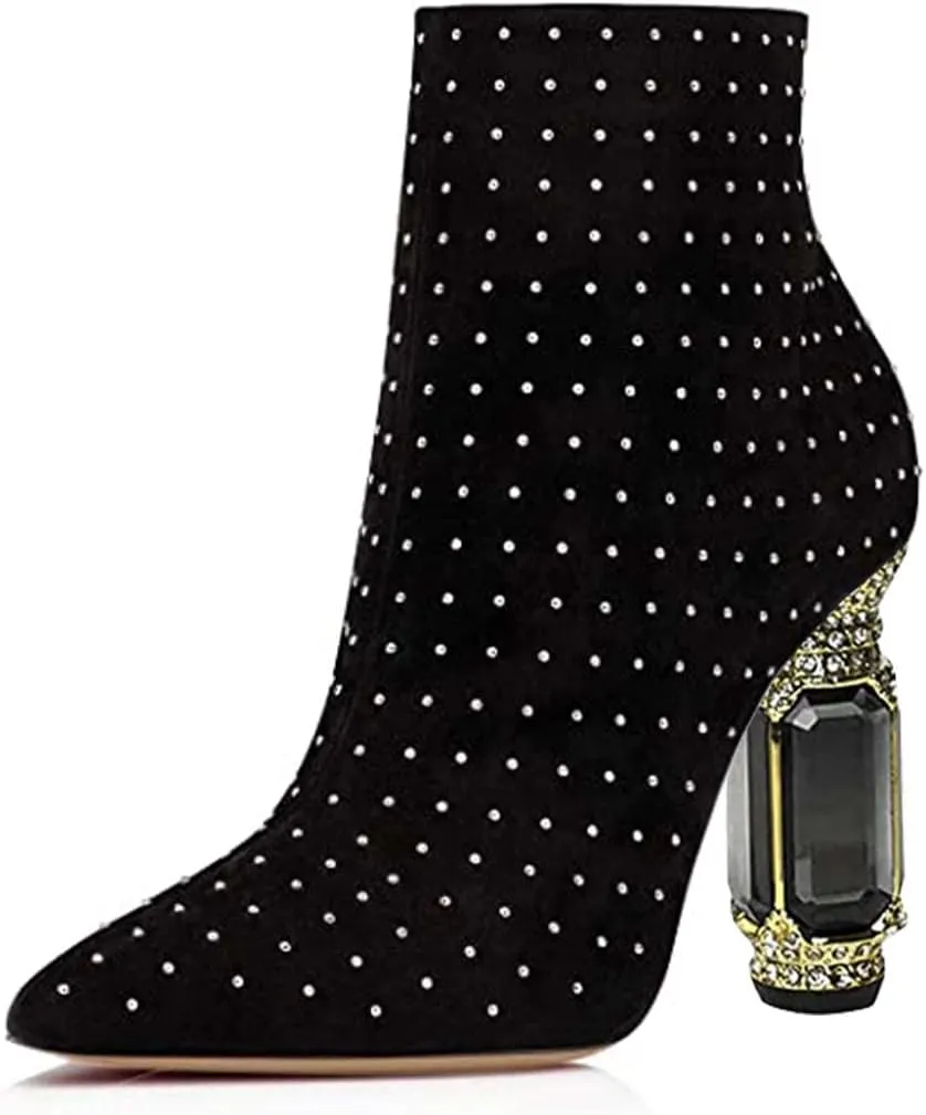FSJ Women Chic Pointed Toe Crystal Chunky Block High Heel Ankle Boots Glossy Side Zipper Casual Daily Fashion Ladies Shoes Size 4-15 US
