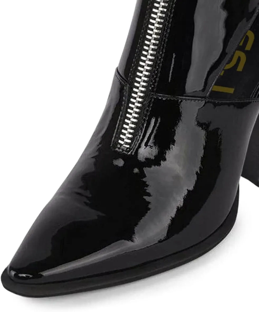 FSJ Women Chic Pointed Toe Front Zip Chunky Heel Ankle Booties Glossy Leather Cutout Handmade Comfortable Ladies Winter Autumn Short Boots Size 4-15 US