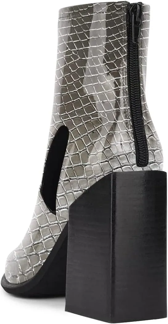 FSJ Women Chic Pointed Toe Front Zip Chunky Heel Ankle Booties Glossy Leather Cutout Handmade Comfortable Ladies Winter Autumn Short Boots Size 4-15 US