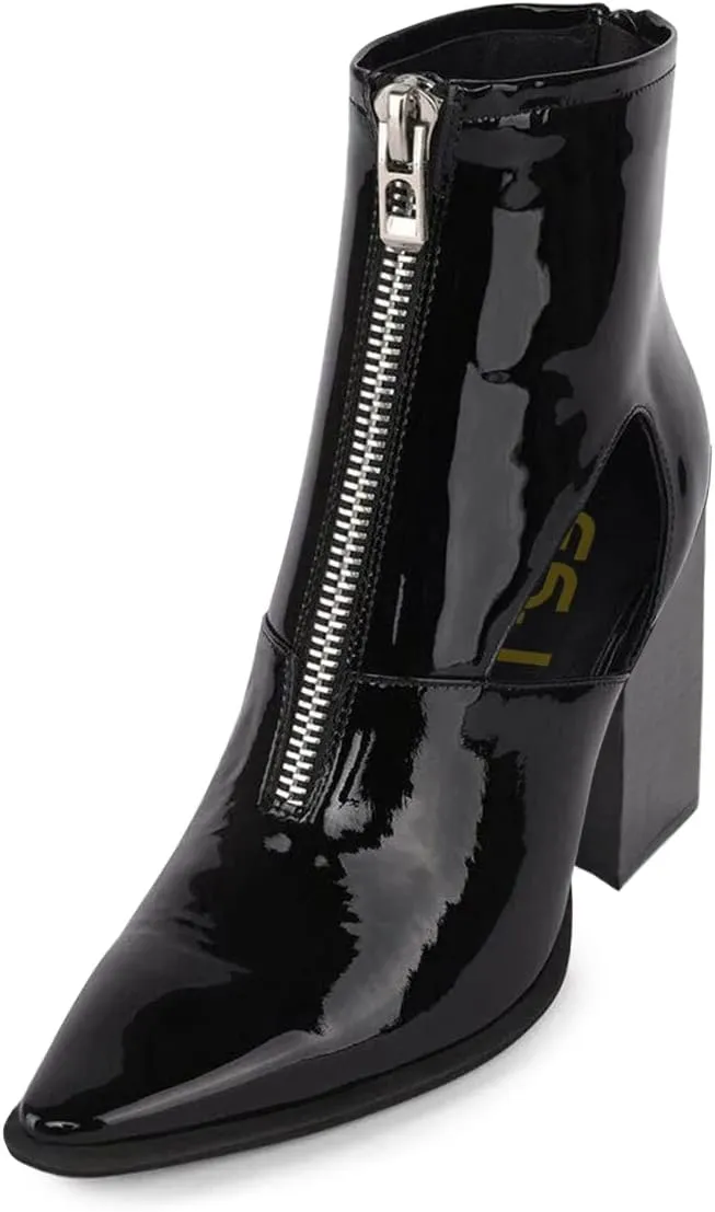 FSJ Women Chic Pointed Toe Front Zip Chunky Heel Ankle Booties Glossy Leather Cutout Handmade Comfortable Ladies Winter Autumn Short Boots Size 4-15 US