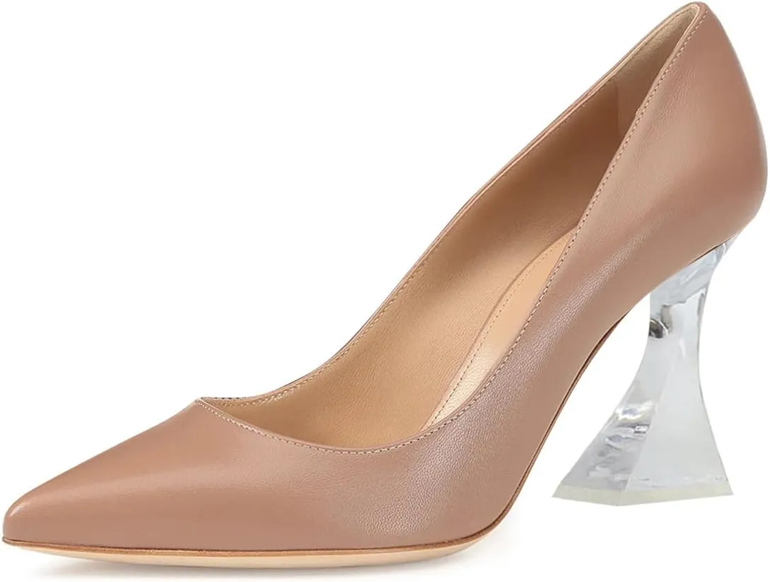 FSJ Women Classic Closed Pointed Toe Dress Pumps Chic Transparent Chunky Block High Heel Slip-On Office Ladies Casual Party Shoes Size 4-16 US