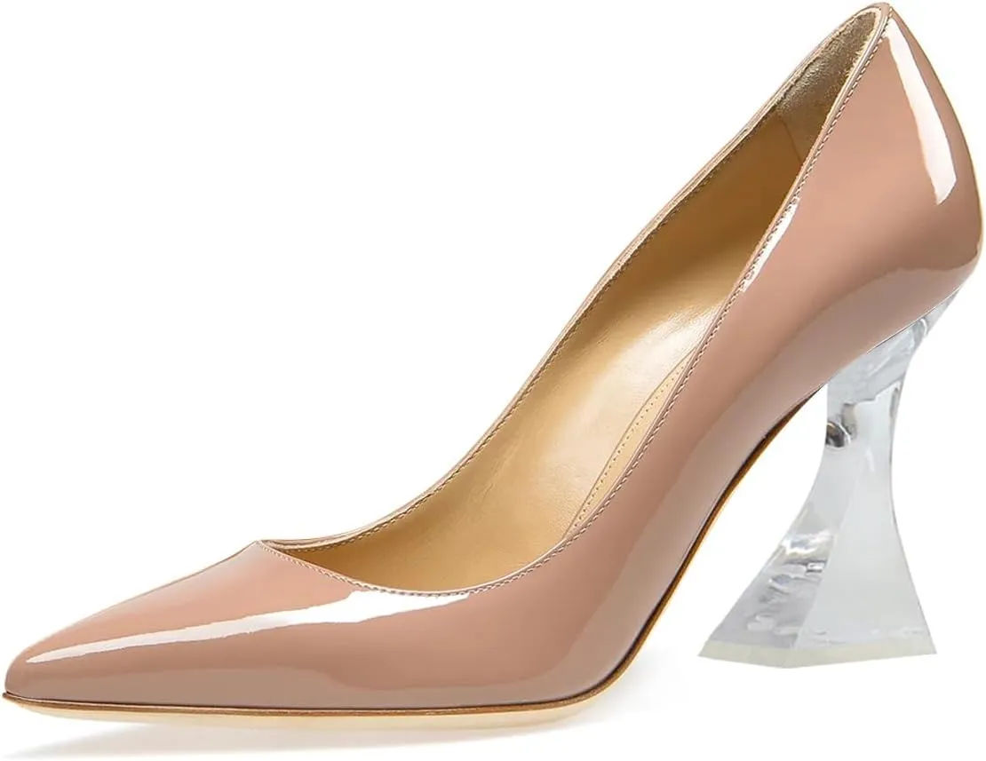 FSJ Women Classic Closed Pointed Toe Dress Pumps Chic Transparent Chunky Block High Heel Slip-On Office Ladies Casual Party Shoes Size 4-16 US