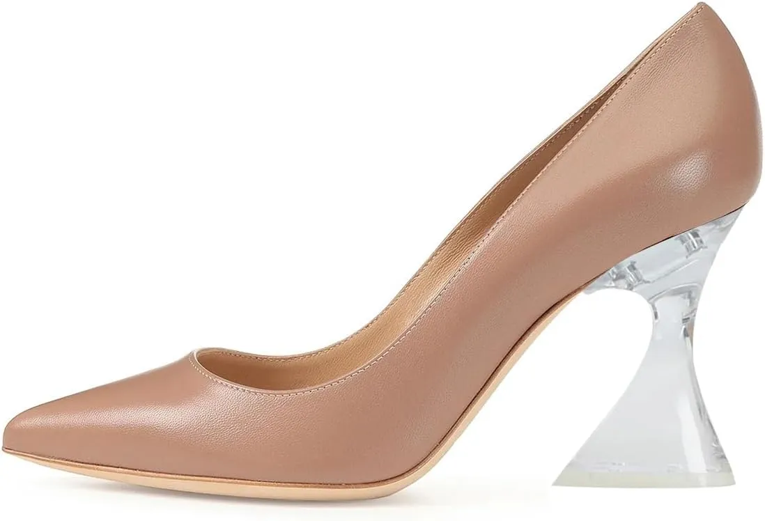 FSJ Women Classic Closed Pointed Toe Dress Pumps Chic Transparent Chunky Block High Heel Slip-On Office Ladies Casual Party Shoes Size 4-16 US