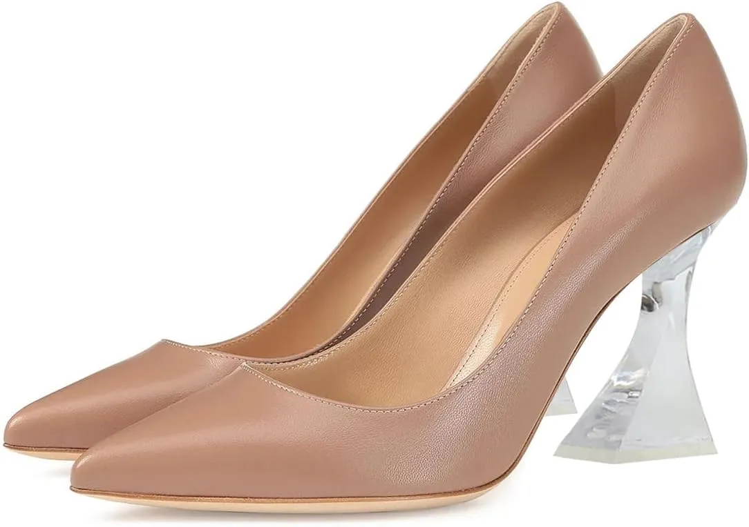 FSJ Women Classic Closed Pointed Toe Dress Pumps Chic Transparent Chunky Block High Heel Slip-On Office Ladies Casual Party Shoes Size 4-16 US
