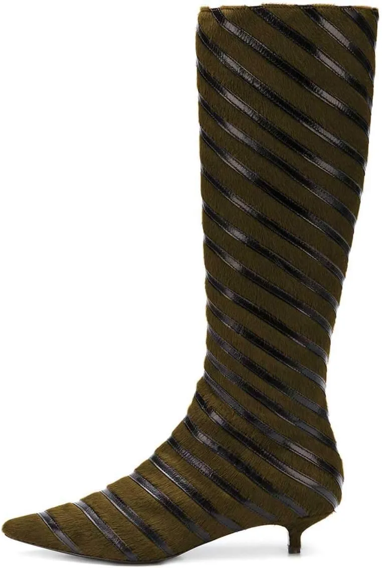 FSJ Women Fashion Pointed Toe Low Kitten Heel Knee High Boots Faux Fur Thread Comfort Winter Shoes with Side Zipper Size 4-15 US